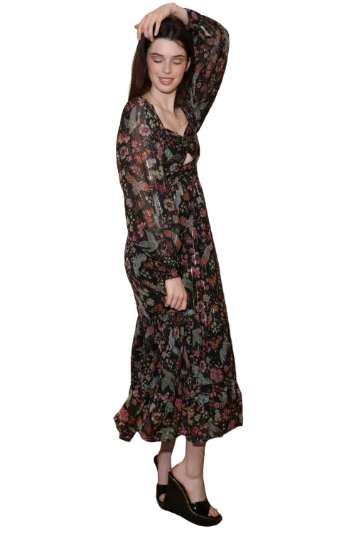 Floral Print Sheer Overlay Cutout Maxi Dress