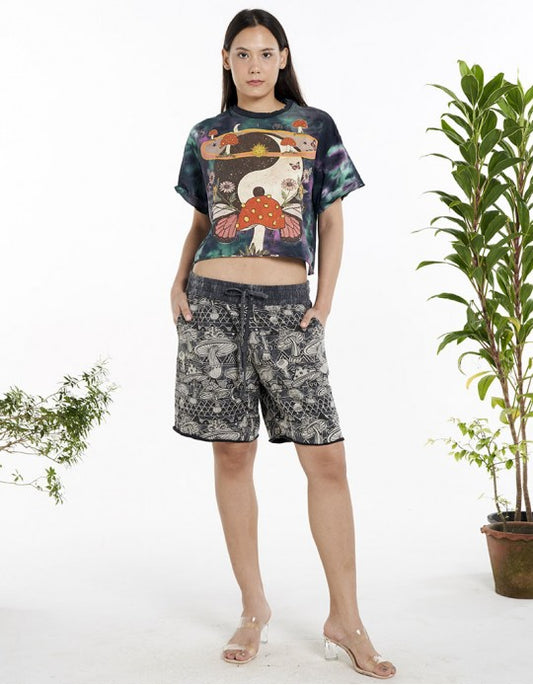 Mushroom Print Stonewashed Shorts