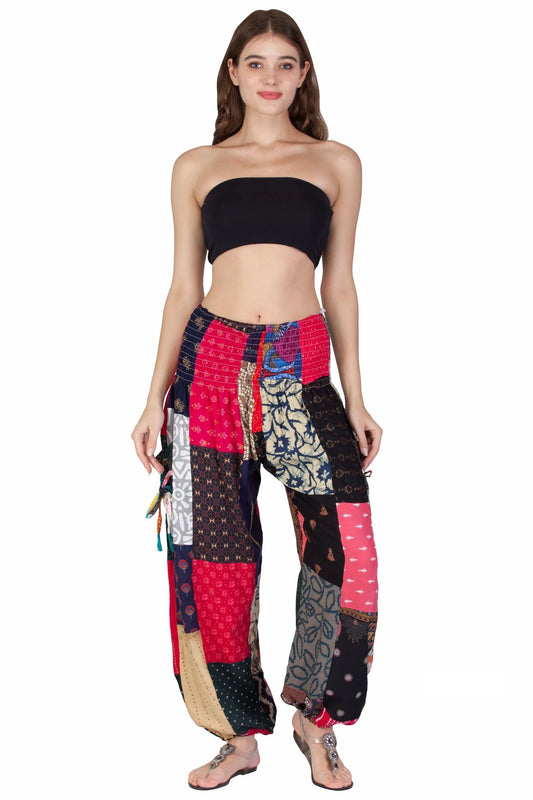 Mixed Print Patchwork Harem Pants with Smocked Waistband