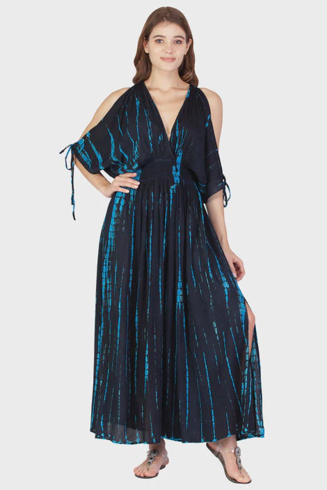 Long Tie Dye Cold Shoulder Dress