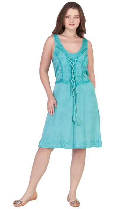 Acid Wash Tie Front Mid Length Dress - Assorted Colors