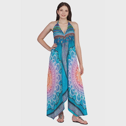 Colorful Mandala Print Handkerchief Long Dress