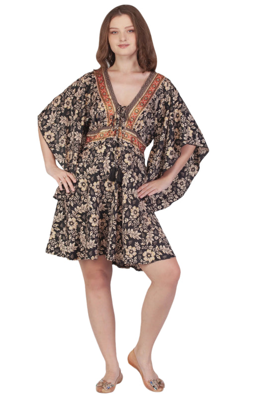 Deep V Short Sari Dress With Sleeves