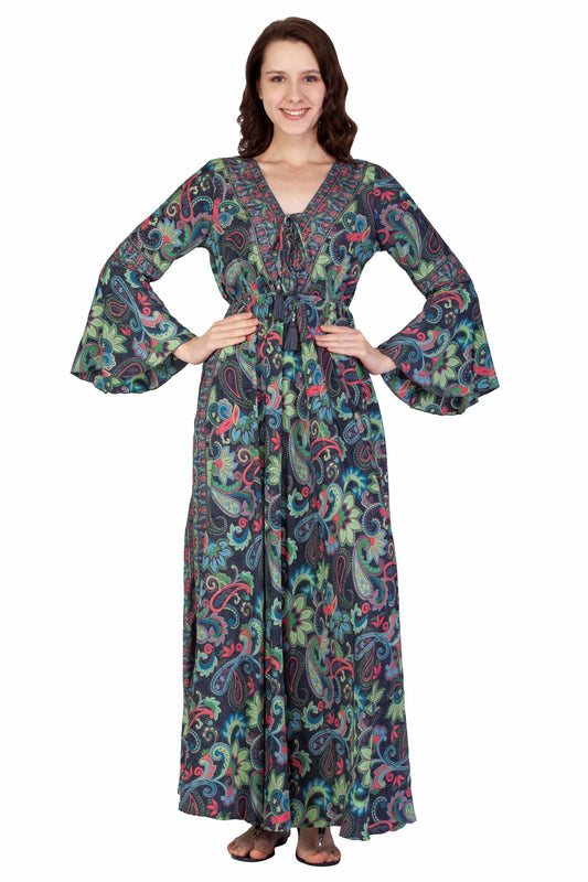 Paisley Print Bell Sleeved Long Dress