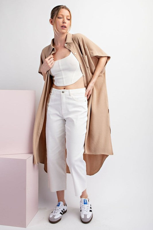Short Sleeve Button Down Midi Dress in Taupe