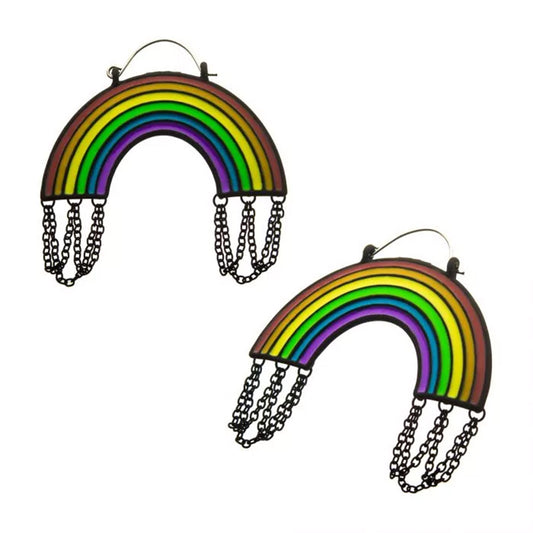 Rainbow with Matte Black Chain Plug Hoops - 20g