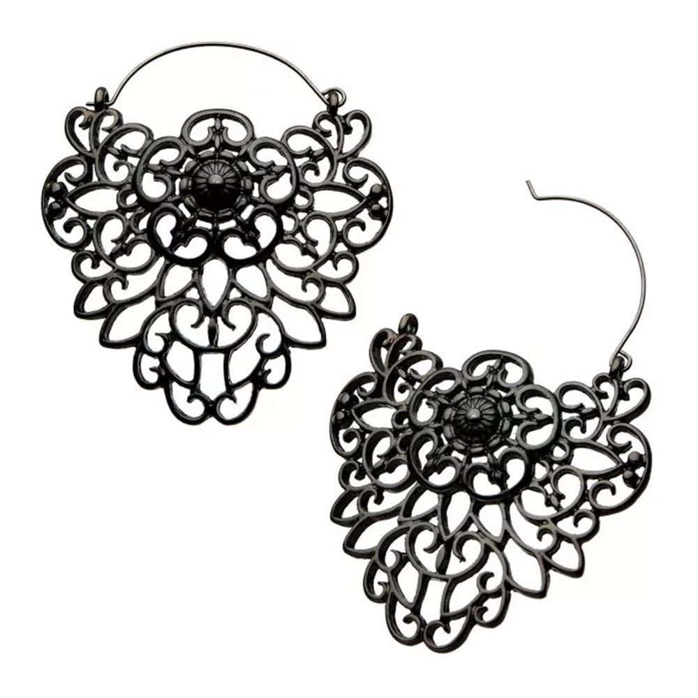 Gunmetal Filigree Crest Shape Plug Hoops - 20g