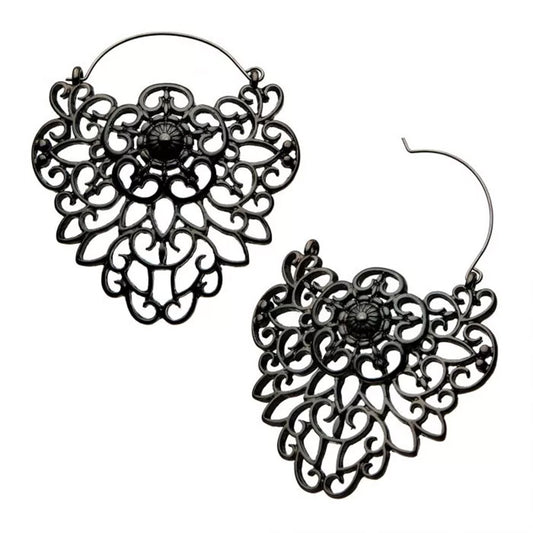 Gunmetal Filigree Crest Shape Plug Hoops - 20g