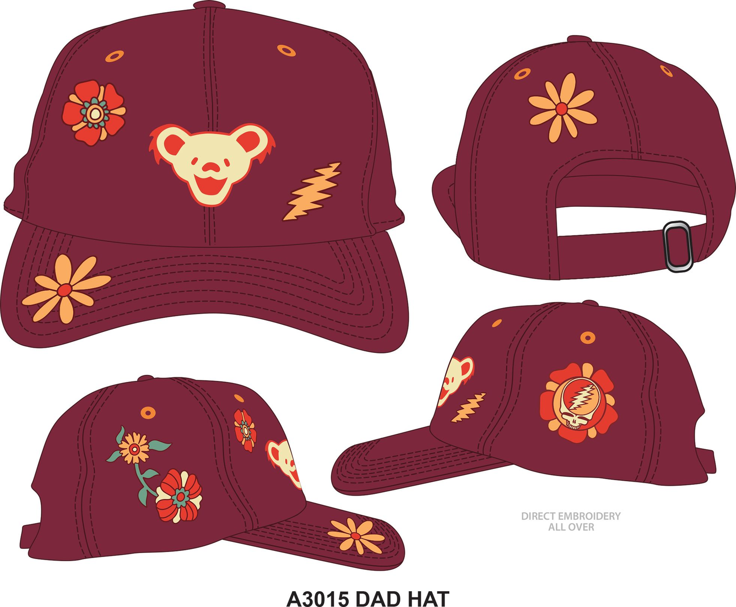 Grateful Dead Trippy Flowers Embroidered Bear Dad Hat