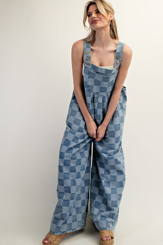 Mineral Washed Checker Print Wide Leg Overalls