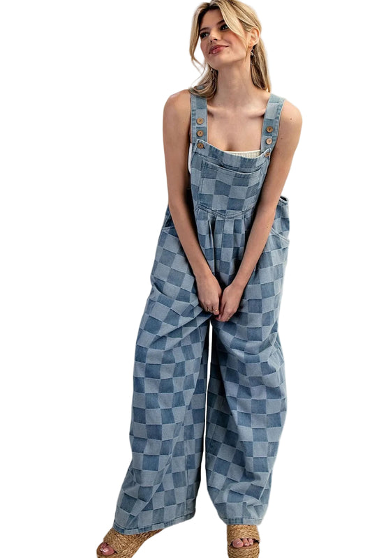 Mineral Washed Checker Print Wide Leg Overalls