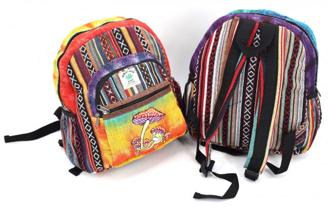 Embroidered Frog and Mushroom Himalayan Hemp Fabric Tie Dye Mini Backpack