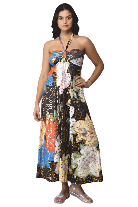 Long Princess Dress with Halter Tie and Gold Foil Accents