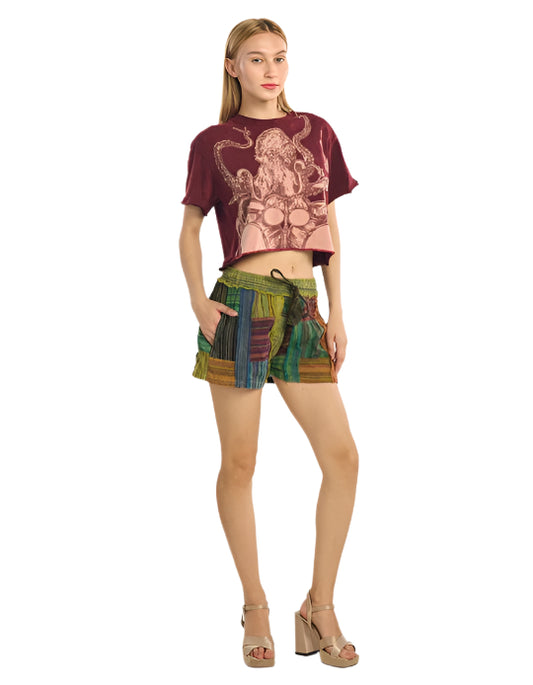 Mixed Cotton Patchwork Shorts in Green