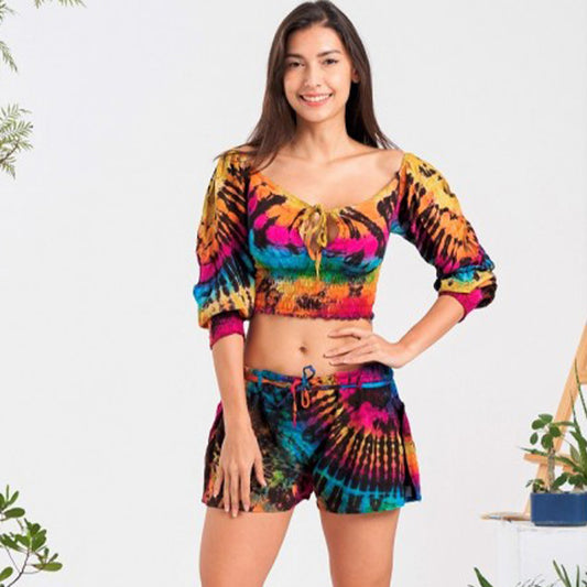 Tie Dyed Crop Top with 3/4 Sleeves