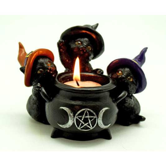 3 Witchy Cats Cauldron Candleholder