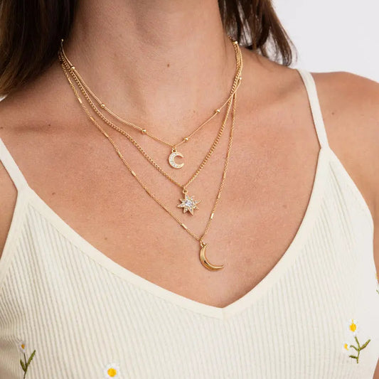 Celestial Layered Necklace with Moon and Star Charms in Gold