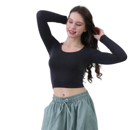 Second Skin Long Sleeve Crop Top in Black