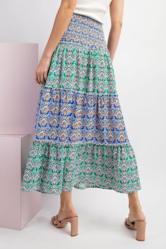 Printed Color Black Tiered Maxi Skirt