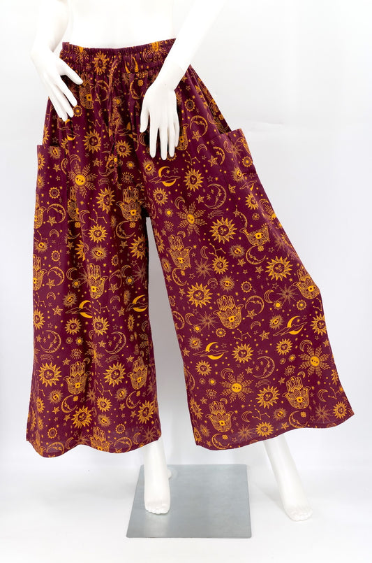 Celestial Print Wide-Leg Palazzo Pants in Burgundy