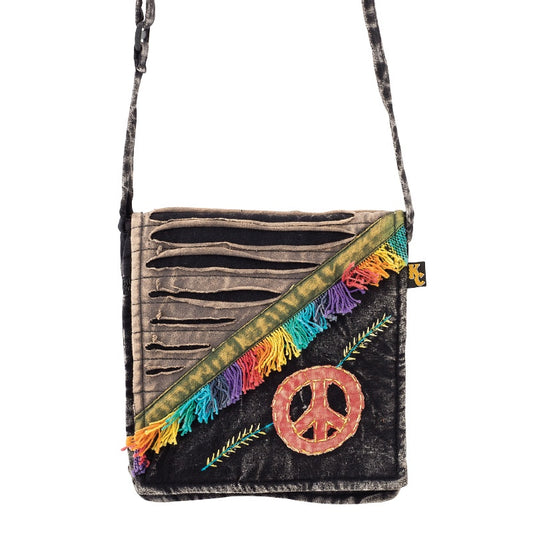 Black Razor Cut Peace Sign Crossbody Bag