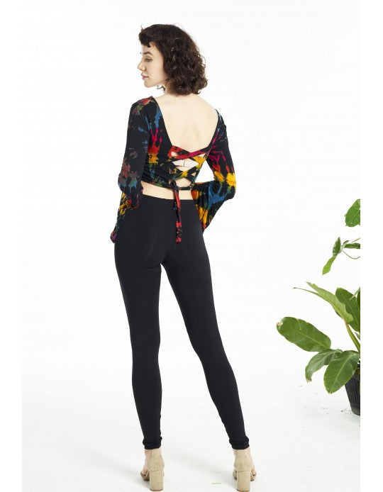 Tie Dye Long Bell Sleeve Crop Top with Lace up Back - Black Rainbow
