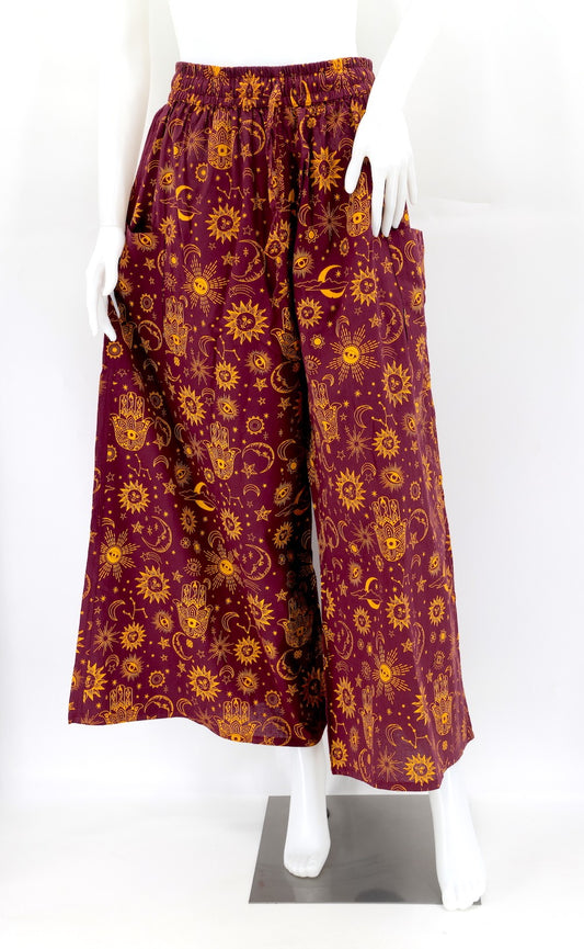 Celestial Print Wide-Leg Palazzo Pants in Burgundy