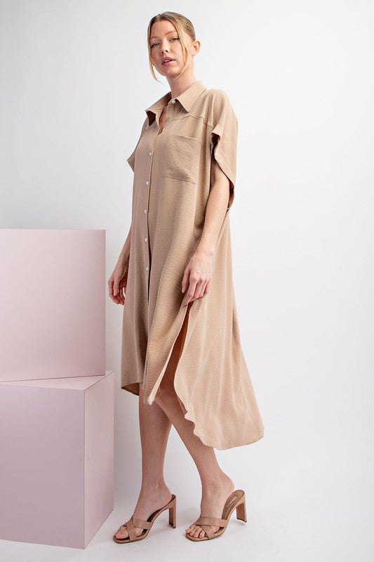 Short Sleeve Button Down Midi Dress in Taupe