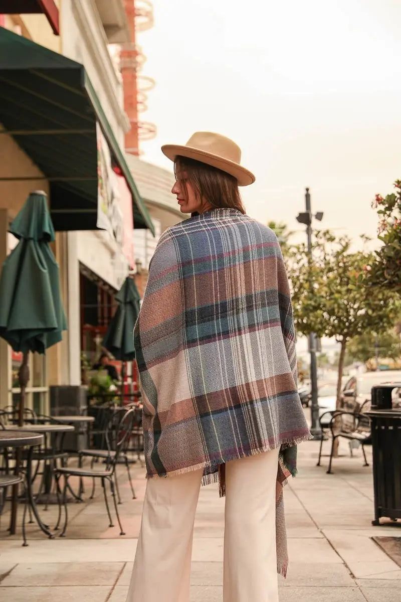 Plaid Fringe Shawl Wrap with Pockets in Light Pink