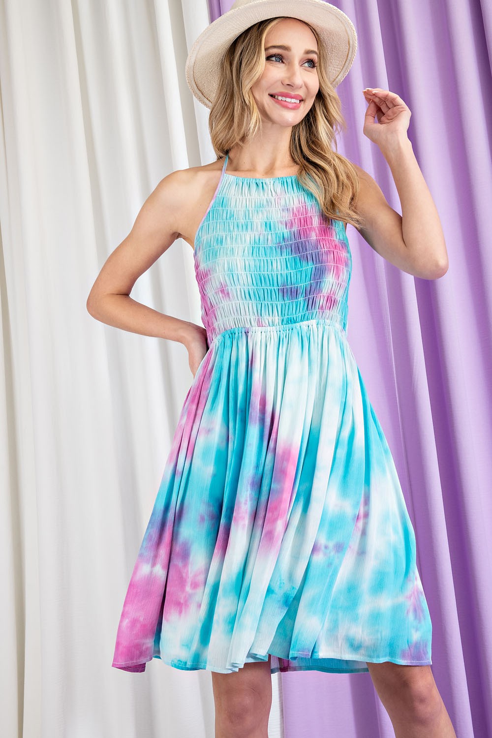 Smocked Halter Top Tie Dye Mini Dress in Blue and Pink