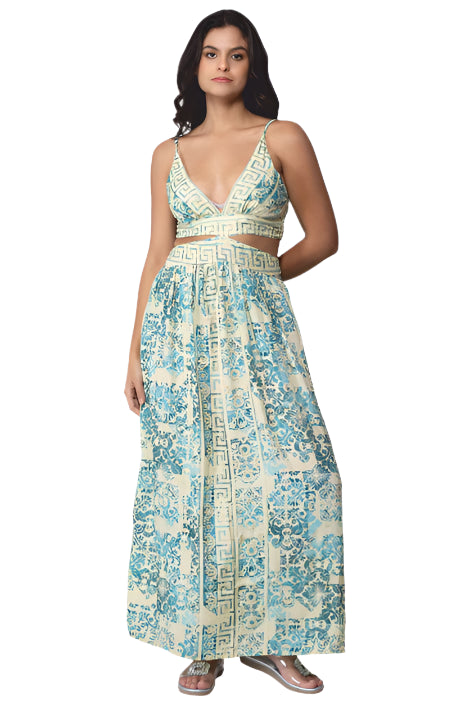 Halter Top with Cutouts Long Sari Dress - Assorted Prints