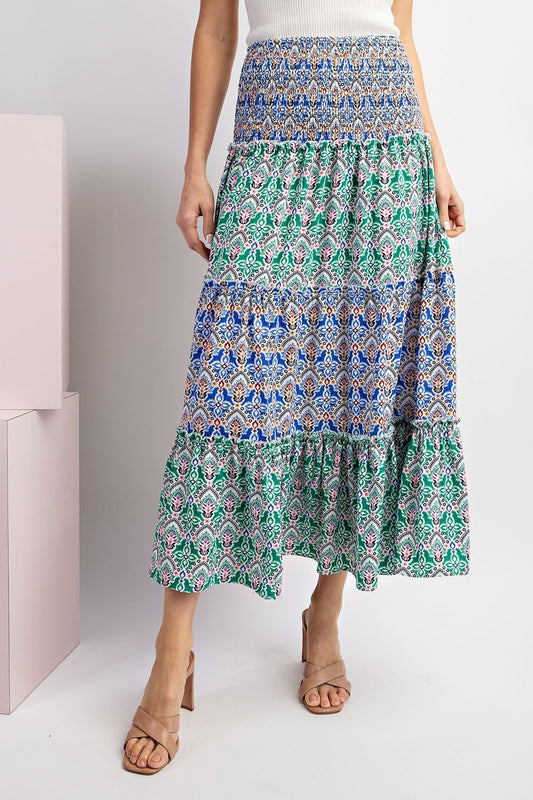 Printed Color Black Tiered Maxi Skirt