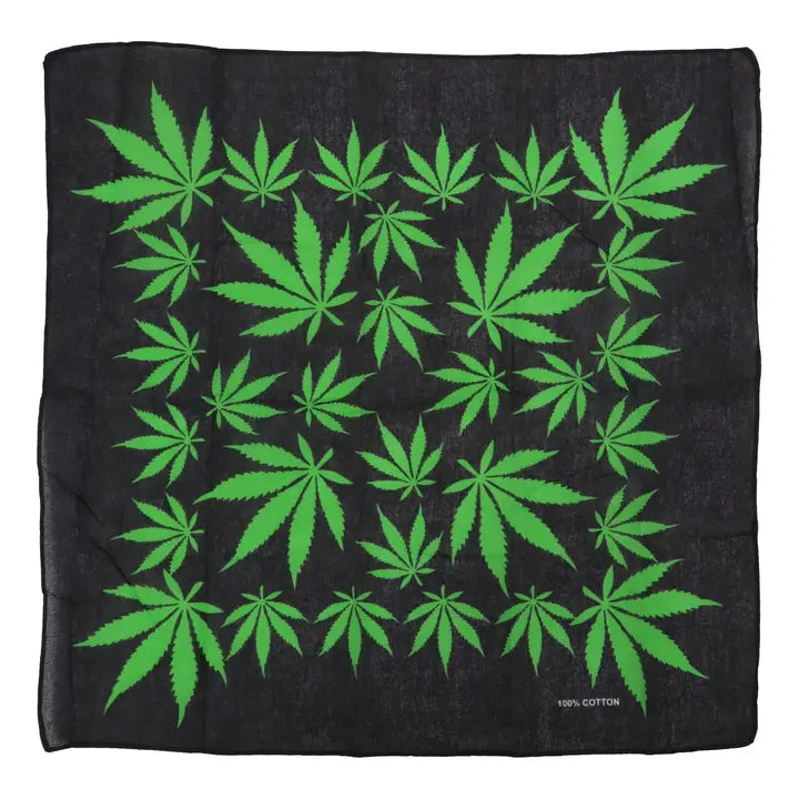 Green Pot Leaves Black Cotton Bandana