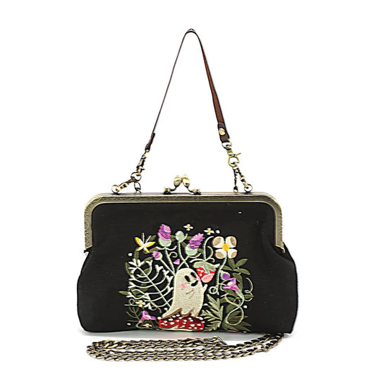 Whimsical Forest Ghost & Floral Embroidered Kisslock Bag