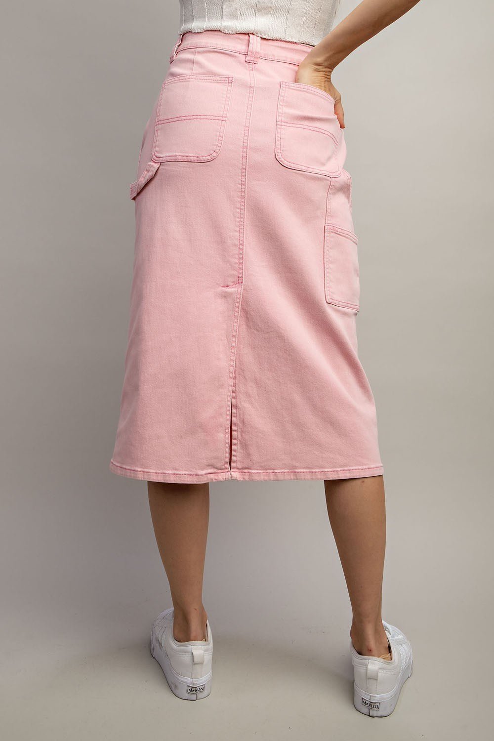 Mineral Washed Midi Skirt in Dusty Pink
