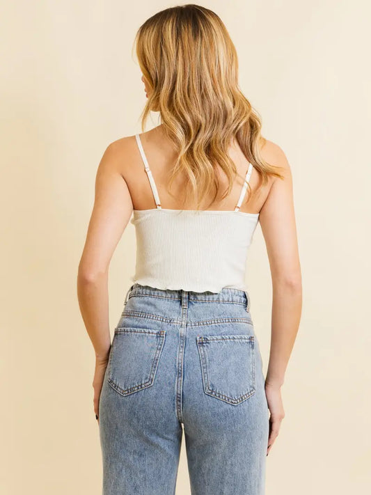 Daisy Embroidered Ribbed Lettuce Edge Brami in Ivory
