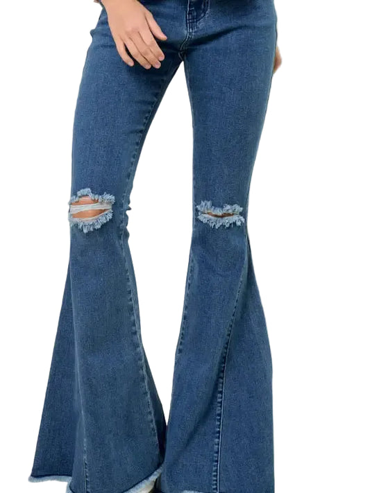 Distressed Knee Extreme Flare Jeans in Medium Wash