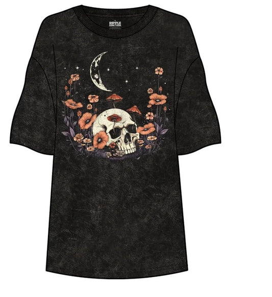 Floral Mushroom Skull Stonewashed T-Shirt