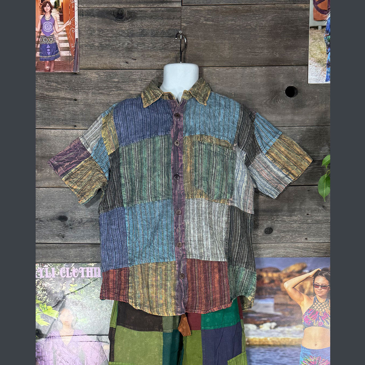 Jasper Nepali Striped Patchwork Over Dyed Button Up in Grey