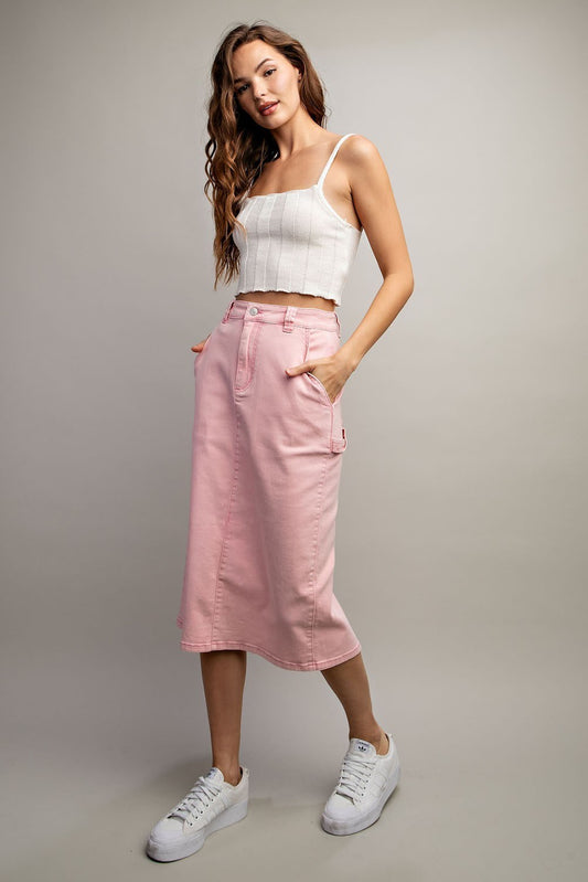 Mineral Washed Midi Skirt in Dusty Pink
