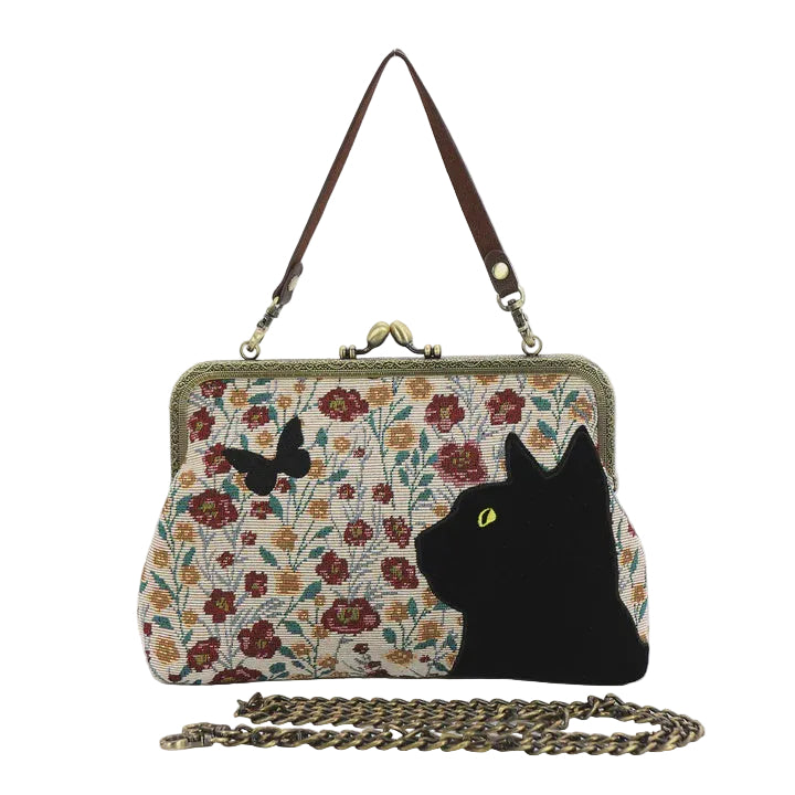 Floral Black Cat Kisslock Bag