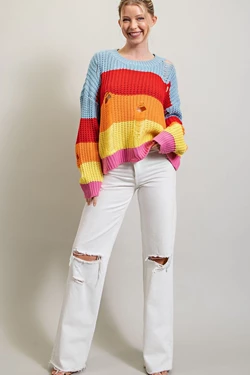 Distressed Rainbow Stripe Crochet Sweater