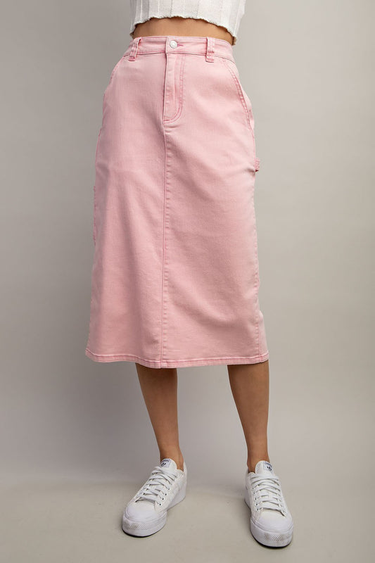 Mineral Washed Midi Skirt in Dusty Pink