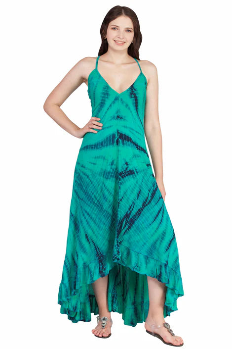 Tie Dyed Halter Dress with Hi Low in Green