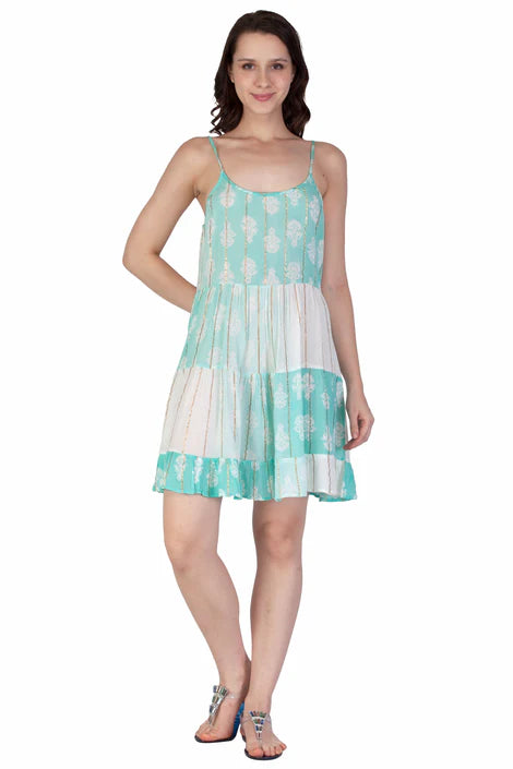 Bagru Print Short Dress in Aqua with Gold Details