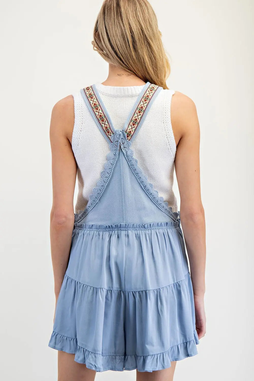 Lace Trim Tiered Sleeveless Romper in Denim Blue