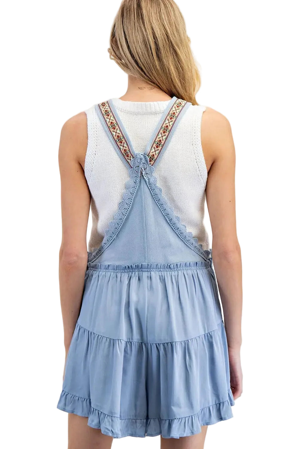 Lace Trim Tiered Sleeveless Romper in Denim Blue SALE