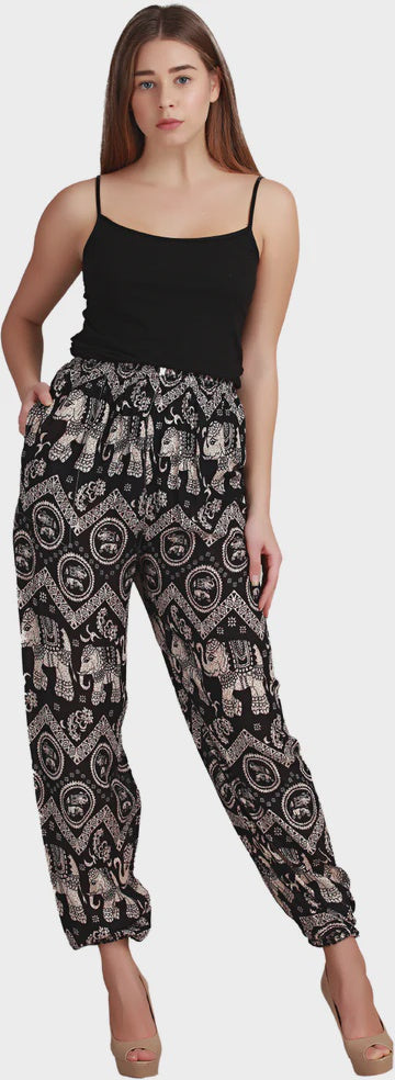 Elephant/Mandala Patterned Harem Pants with Drawstring Waist
