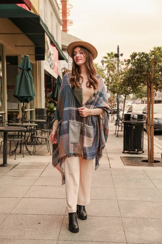 Plaid Fringe Shawl Wrap with Pockets in Light Pink
