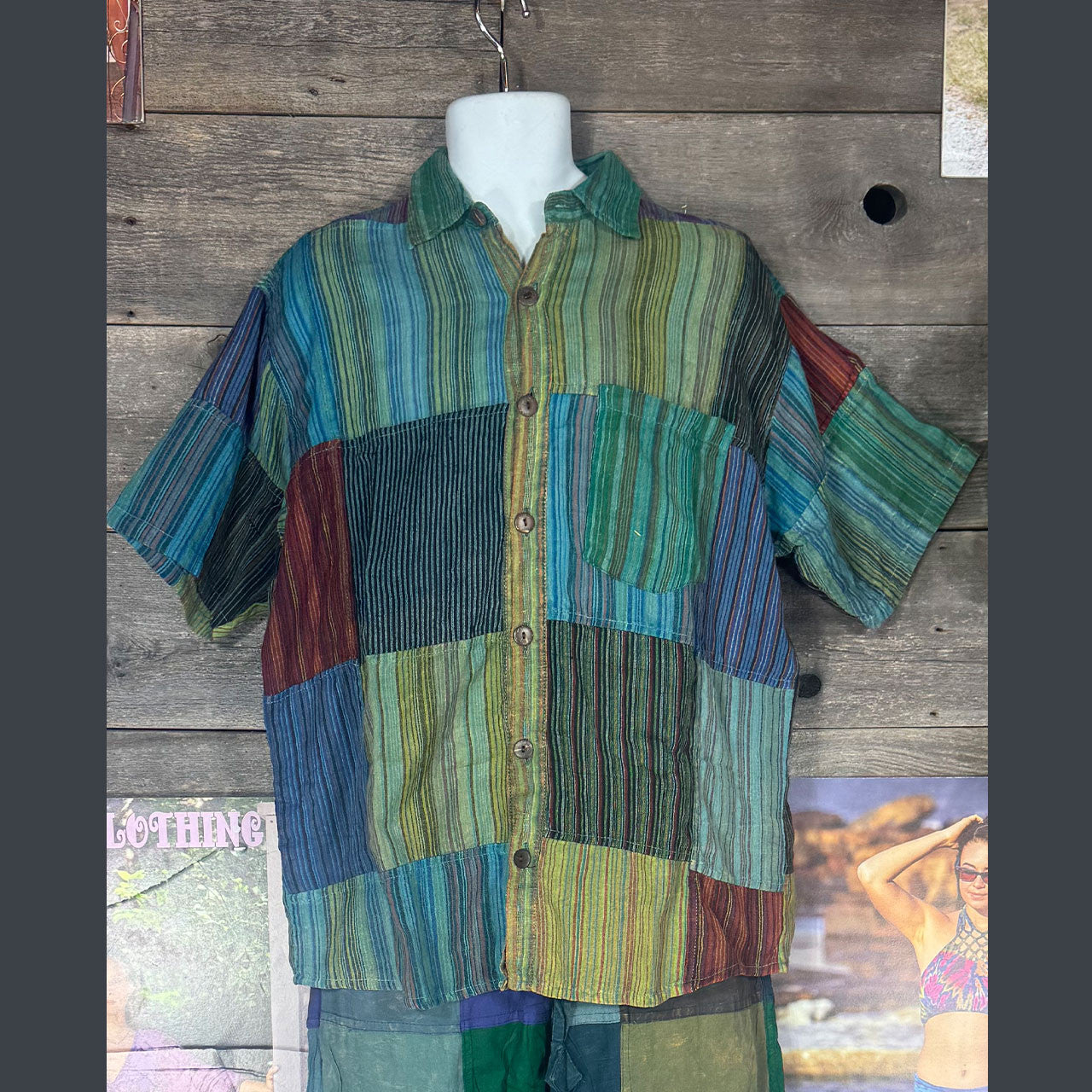 Jasper Nepali Striped Patchwork Over Dyed Button Up in Olive